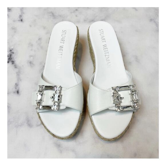 Stuart Weitzman Saint Tropez Crystal Buckle Slide Espadrille Wedge Sandals NWOB - Picture 4 of 12